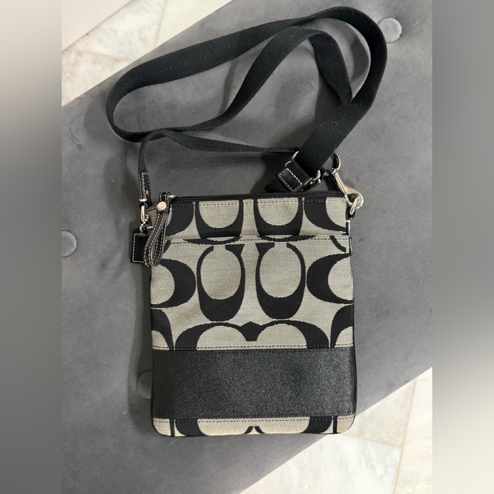 Coach Black and Gray Signature Crossbody Bag with Monogram Pattern